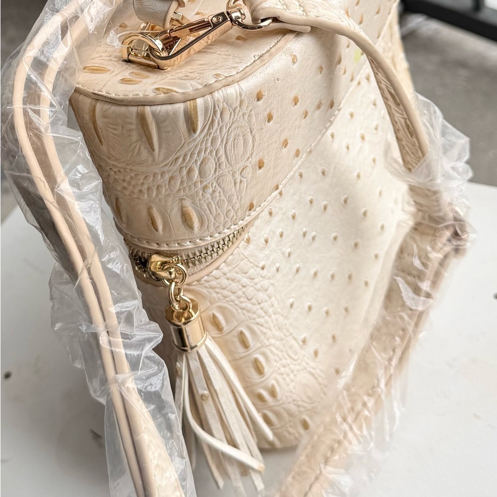Bag Beige Ostrich Pattern Shoulder Bag Tassel Accents Detachable Strap Top Handl